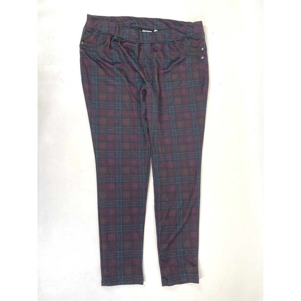 Cato Womens Plaid Skinny Jeggings Burgundy Teal Brown Stretch Pull On Size L